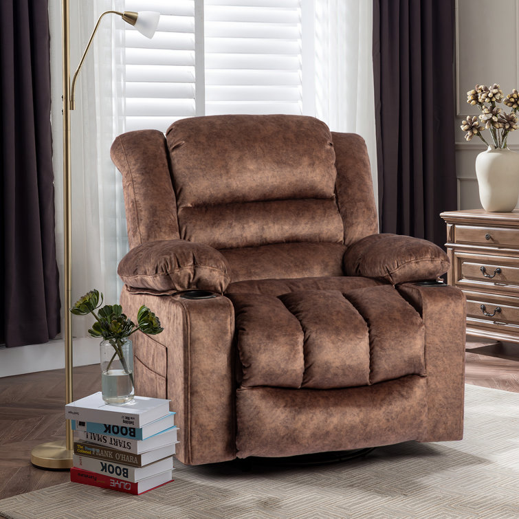 Wide Velvet Upholstered Swivel Rocker Recliner Chair with Heat And Massager